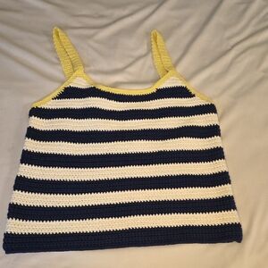 STAUD Navy, White & Yellow Striped Crochet Tank